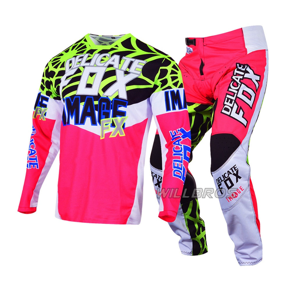Fox Racing Heritage Venin 180 Jersey Spiderwebs Pants Motocross Woman Lady Unisex Pink Suit Bike Combo Kits, Jersey L Pants 34